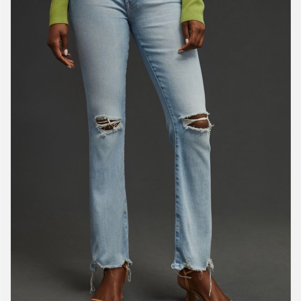 MOTHER The Hustler Ankle Chew - Light Blue Distressed Kick Flare Jeans